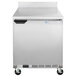 A stainless steel Beverage-Air worktop freezer with wheels and a black handle.