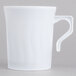 A white Fineline Flairware plastic coffee mug with a handle.