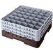 A brown Cambro glass rack with 36 compartments.