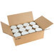 A cardboard box with twelve white jars of Kime's Homestyle Pumpkin Butter inside.