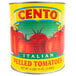 A case of 6 Cento #10 cans of Italian Whole Peeled Plum Tomatoes with a yellow label.