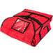 A red Rubbermaid insulated pizza delivery bag with black straps and a zipper.