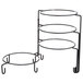 A Tablecraft black metal 4 tier display stand holding round objects.
