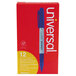 A red and white box of Universal blue permanent markers with a yellow and red label.