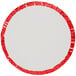 A round white plate with red trim.