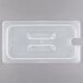 A clear plastic rectangular container with handles and a notch on the side.