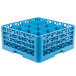 A blue plastic Carlisle glass rack with 16 compartments.