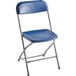 A blue Lancaster Table & Seating folding chair with a textured and contoured plastic seat and metal frame.