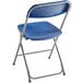 A Lancaster Table & Seating blue plastic folding chair with a metal frame.