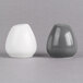 Two white and grey American Metalcraft porcelain salt and pepper shakers.