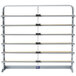 A gray metal rack with six metal shelves.