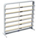 A gray metal rack with six wooden shelves.