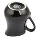An American Metalcraft black porcelain bell creamer with a white rim and handle.