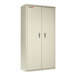 A white metal storage cabinet with handles.