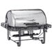 An American Metalcraft stainless steel rectangular roll top chafer with a black stand.