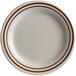 A beige plate with brown speckled stripes.