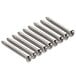 A row of six stainless steel screws on a white background.