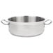 A silver Vollrath stainless steel brazier pot with handles.