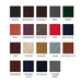 A color chart with leather swatches including a red square with white text.