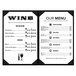 A black Menu Solutions leather-like booklet cover with black and white text and wine glasses on the front.