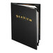 A black leather-like Menu Solutions Chadwick menu cover with gold text on a table.