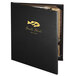 A black Menu Solutions Chadwick Collection leather-like menu cover with gold logo and fish.