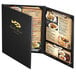 A Menu Solutions Chadwick Collection menu cover with a black leather-like cover and gold border.