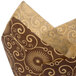 A dark brown paper baking cup with a Mariposa print swirl design.