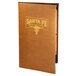 A brown Menu Solutions Bella leather folder with a logo on it.