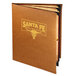 A brown leather Menu Solutions Bella Collection booklet cover with a logo on it.
