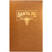 A brown leather Menu Solutions Bella Collection menu cover with a logo on it.