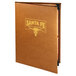 A brown leather Menu Solutions Bella Collection booklet cover with a logo on it.