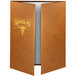 A brown leather Menu Solutions Bella Collection menu cover with a logo on it.