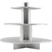 A silver three tiered Enjay cupcake stand.