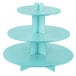 A blue three tiered cupcake stand.