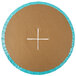 A circular cardboard with blue trim and a white cross on it.