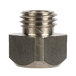 A close-up of a stainless steel threaded nut with a square head.