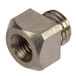 A close-up of a stainless steel threaded nut with a square head.