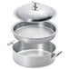 A stainless steel Eastern Tabletop brazier pot with a lid and double handles.