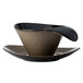 A brown and black Oneida Rustic porcelain teacup with a lip handle.