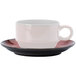 A Oneida Rustic crimson espresso saucer with black and red accents.