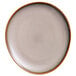 An Oneida Rustic Sama Porcelain Oval Coupe Plate with a white background and brown rim.