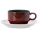 A red Oneida Rustic espresso cup on a white saucer.