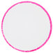 A white round cake drum with pink trim.