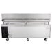 A large silver Cooking Performance Group gas griddle with black knobs and a metal box on the back.