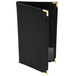 A black leather Menu Solution waiter pad with gold trim.