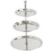 An American Metalcraft stainless steel three tier display stand with three round trays.