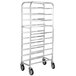 A Winholt stainless steel platter cart with wheels and many shelves.