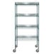 A Regency green wire shelving kit with 4 shelves on wheels.