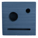 A blue square wood block with holes and a line.